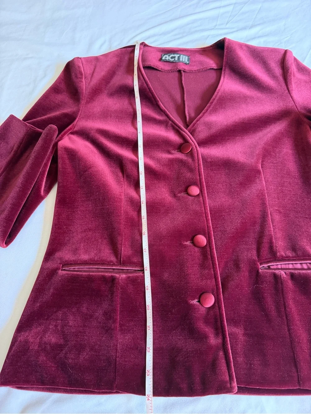 Vintage 80s Act III Burgundy Wine Velvet 4 Button Collarless Blazer Union Made